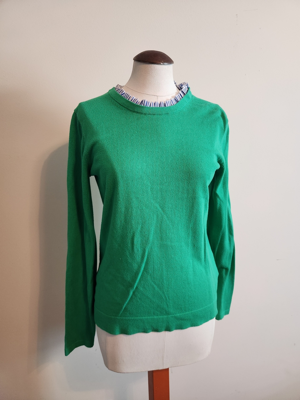 J. Crew Green Sweater with Blue-Striped Collar